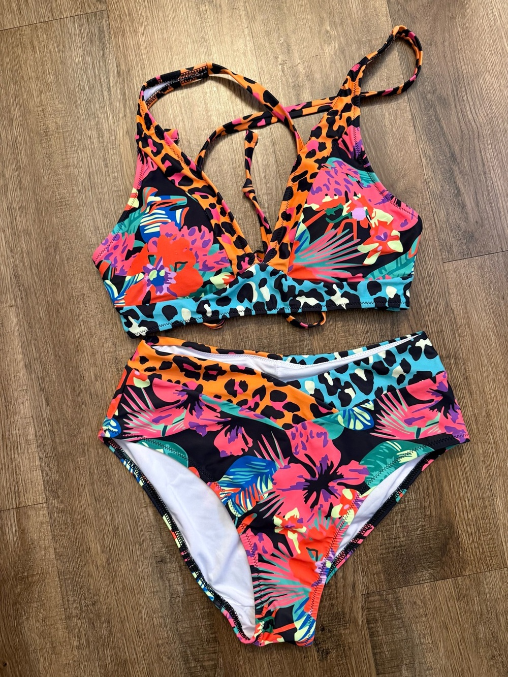 POPVIL women’s small Tropical Floral High-Waist Two-Piece Swimsuit - Multicolor